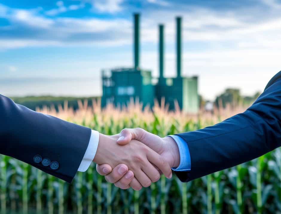 Business handshake over farmland with industrial plant in background, symbolising partnership in tre.