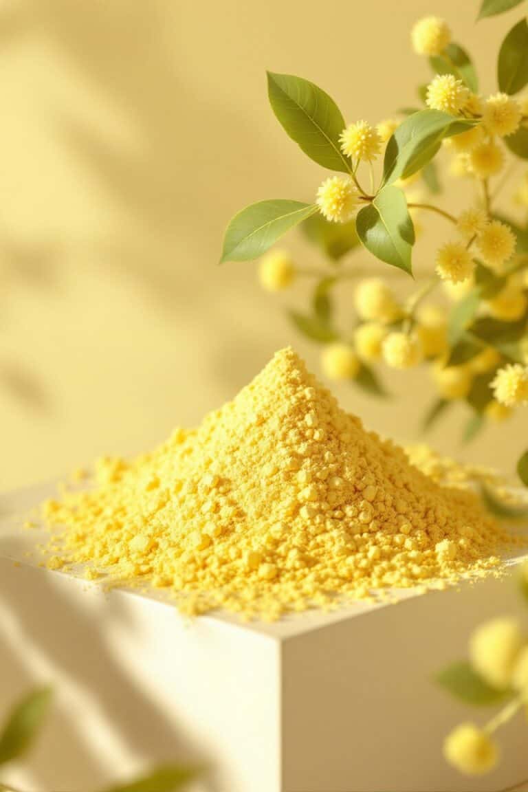 Fresh lemon blossom with yellow lemon powder on a white surface, natural citrus aroma.
